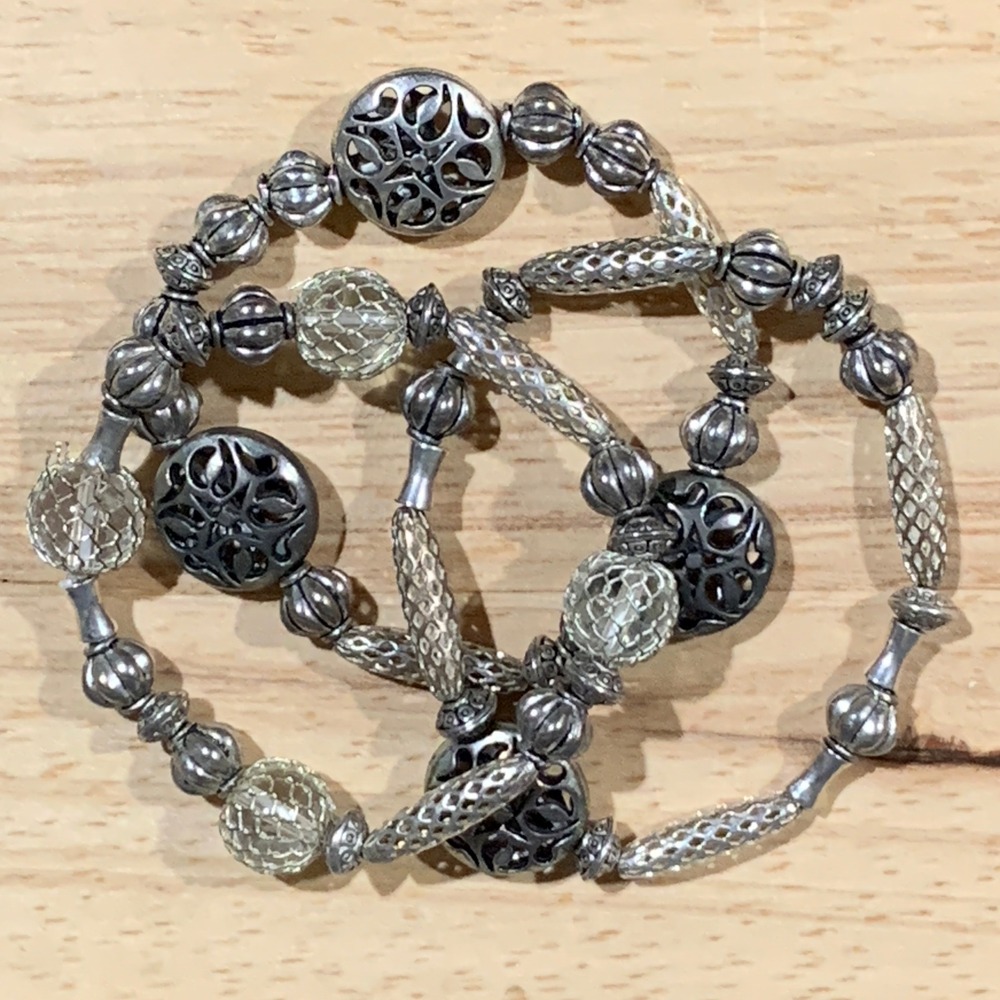 New Silver Tone Boho Stretch Bracelet Set of 3 Filigree Ornate Metal Glass Beads